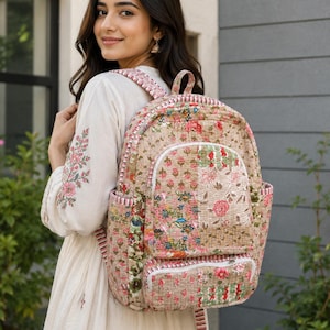 Mochila de algodón acolchado con patchwork: bolso de viaje indio hecho a mano