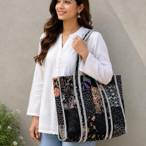 Bolso tote de algodón con diseño de patchwork, bolsos tote Kantha acolchados reversibles
