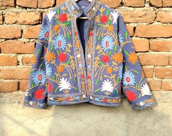 Handmade Suzani Embroidered Cotton Jacket: Floral Boho Coat