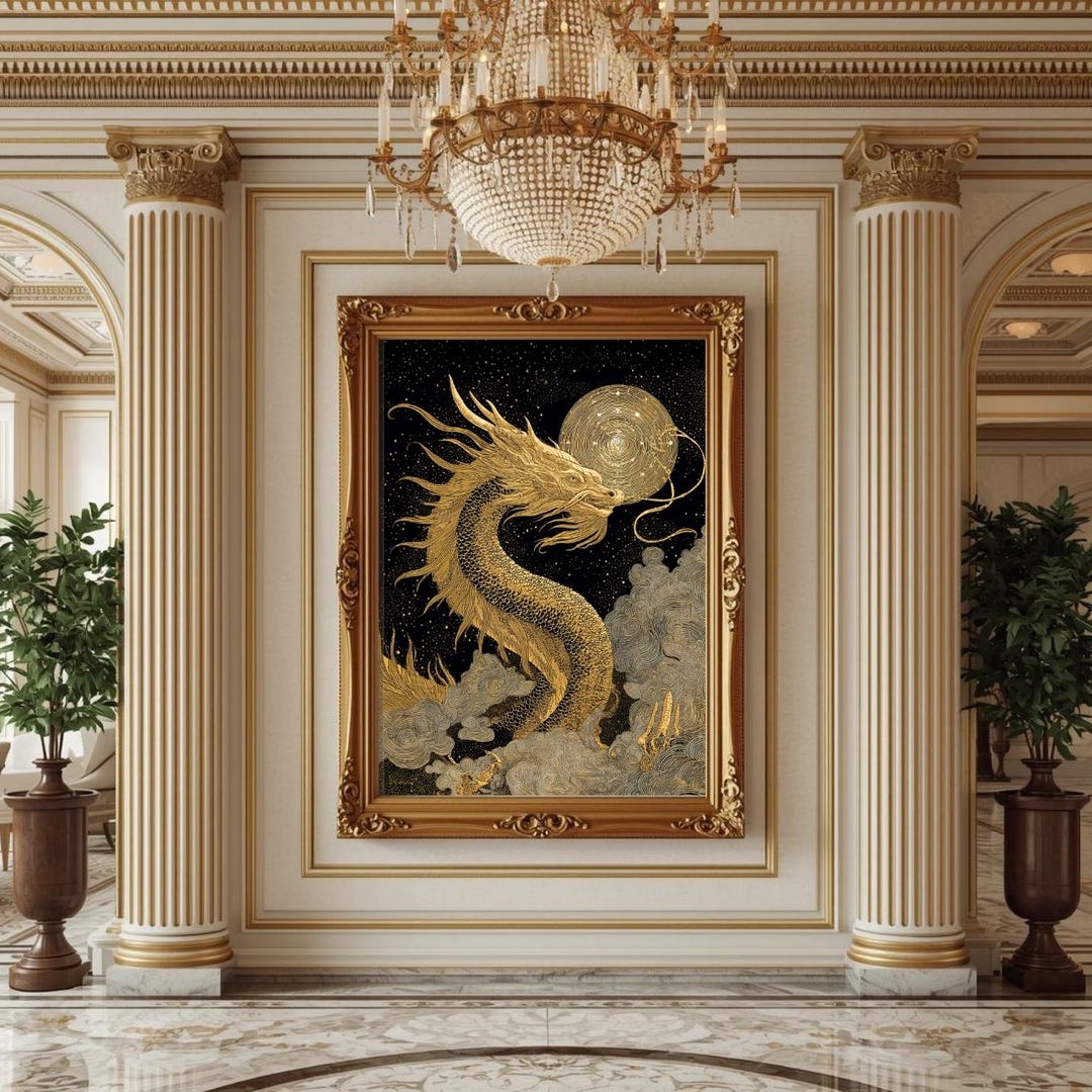Golden Dragon Moon Wall Art Mythical Creature Print Luxury Asian ...