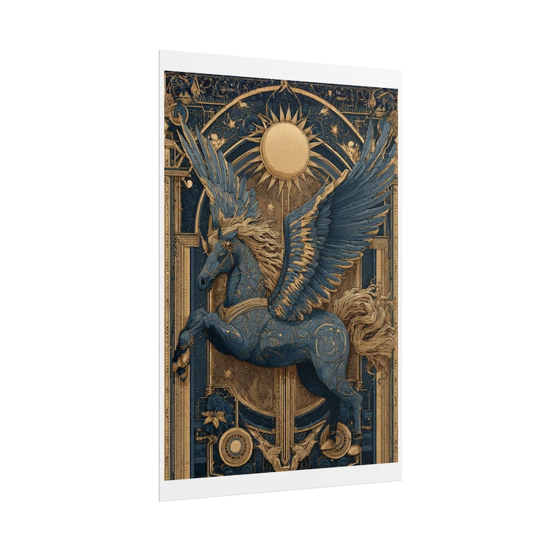 Pegasus Art Deco Poster Blue Gold Mythical Horse Wall Decor Luxury ...