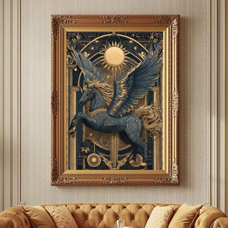 Pegasus Art Deco Poster Blue Gold Mythical Horse Wall Decor Luxury ...