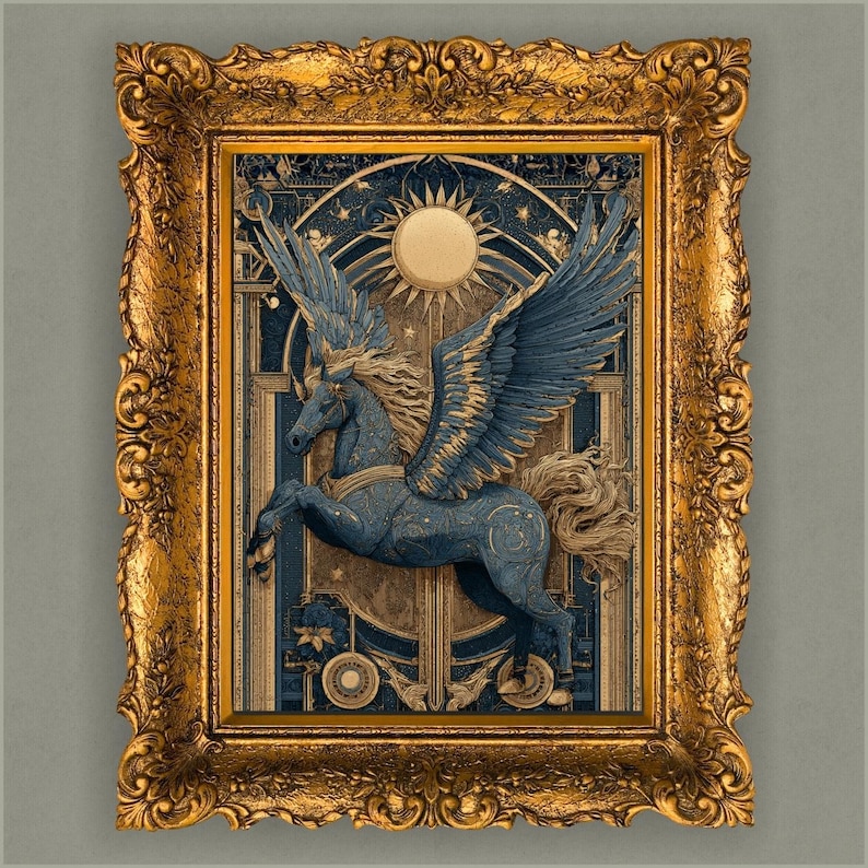 Pegasus Art Deco Poster Blue Gold Mythical Horse Wall Decor Luxury ...