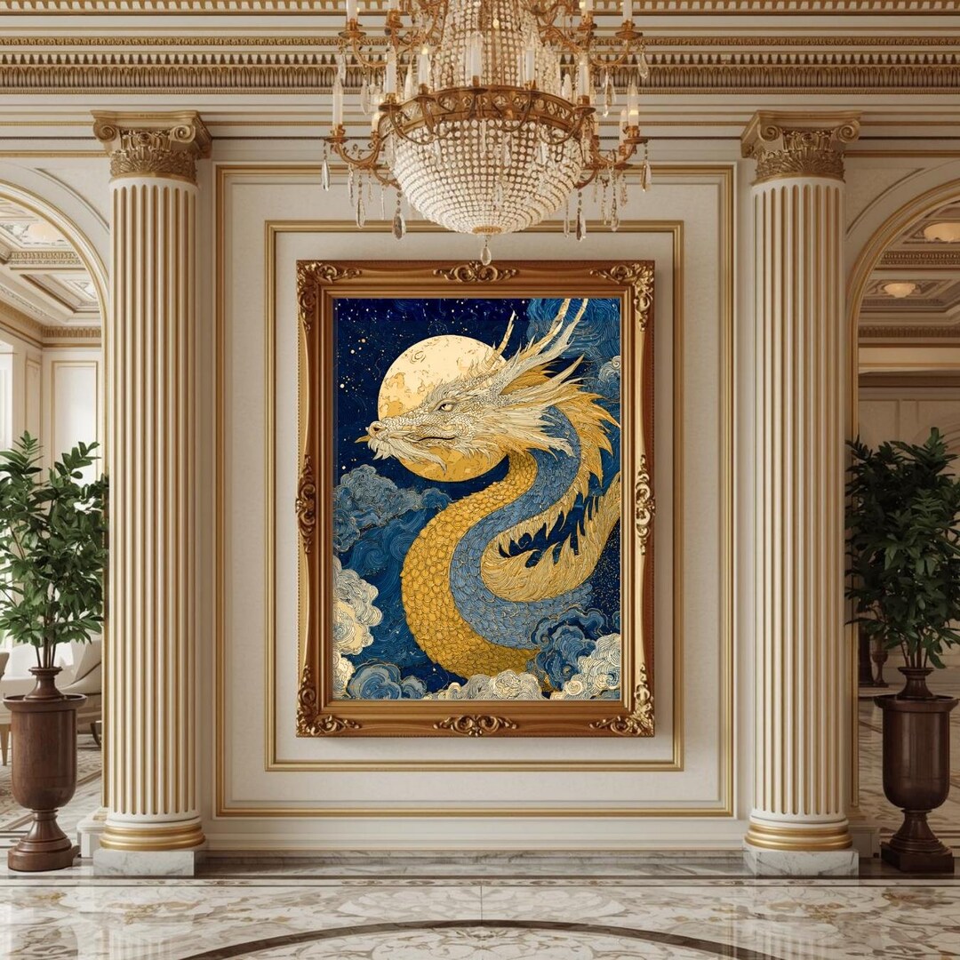 Moon Dragon Art Print Gold and Blue Guardian Dragon Poster Sacred Beast ...