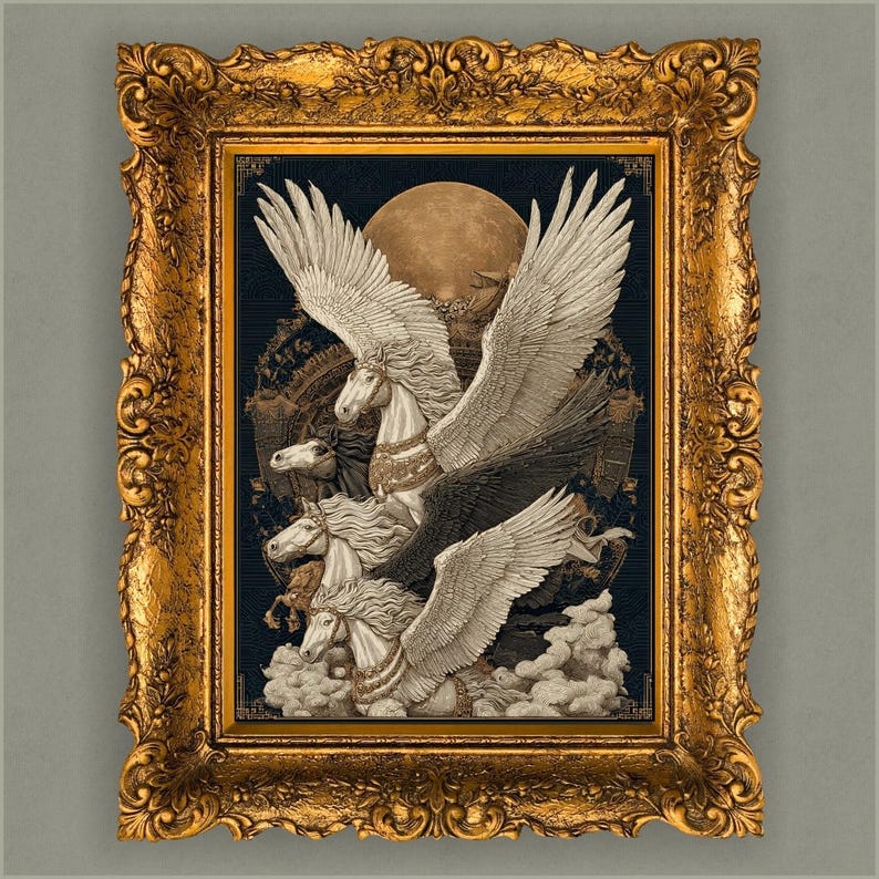 Art Deco Pegasus Poster Mythical Winged Horse Wall Art Gold Moon ...