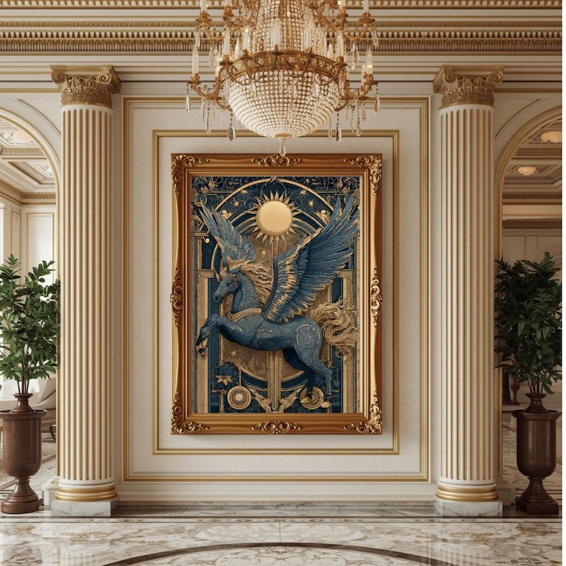Pegasus Art Deco Poster Blue Gold Mythical Horse Wall Decor Luxury ...