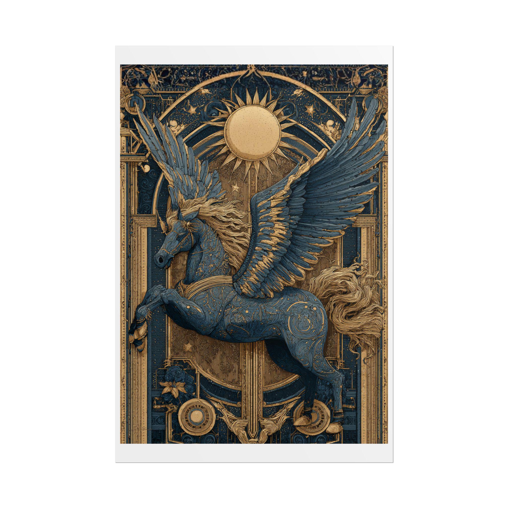 Pegasus Art Deco Poster Blue Gold Mythical Horse Wall Decor Luxury ...