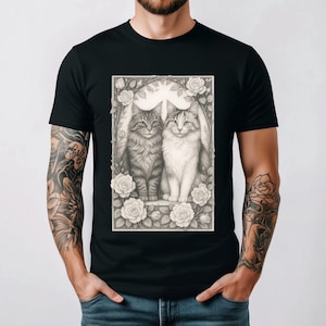 Elegant Twin Cats Surrounded by Roses Vintage Black and White Artistic T Shirt for Cat Lovers Emotional Pet Gift Idea