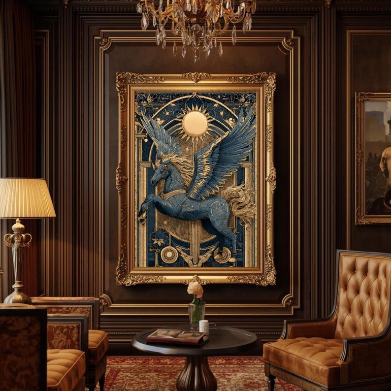 Pegasus Art Deco Poster Blue Gold Mythical Horse Wall Decor Luxury ...