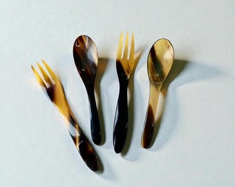 Handmade Buffalo Horn Spoon & Fork Set – Rustic Dessert Cutlery