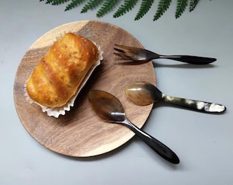 Handmade Vintage Buffalo Horn Spoon Knife Fork Set with Natural Wooden Handles