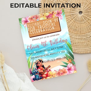 Könnte beinhalten: Eine farbenfrohe Einladung mit dem Text "EDITABLE INVITATION" oben. Die Einladung hat ein tropisches Thema mit dem Text "ALOHA! JOIN US FOR TROPICAL CELEBRATION" und Details für eine Geburtstagsfeier. Die Einladung enthält eine Cartoonfigur.