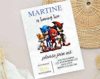 Watercolor Sonic birthday invitation, Sonic & Shadow birthday Invitation, Shadow, Tails, Knuckles birthday party invite Canva template