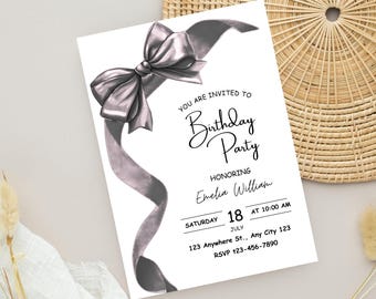 Editable Black Bow Birthday Invitation Minimalist Black Bow Birthday Invite Black Ribbon Coquette 16th 18th 21st 30th Birthday Party Canva