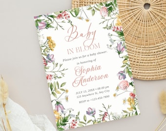 Vintage Floral baby shower invitation Girl Spring summer baby shower invite, Handwritten Hand drawn Baby in bloom invitation