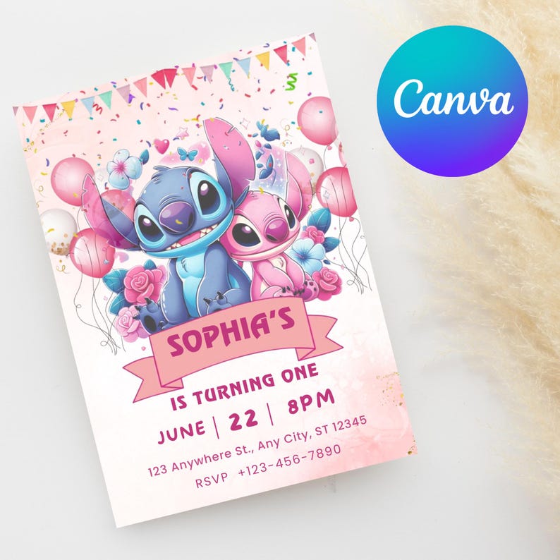 May include: A pink and white birthday invitation featuring the characters Stitch and Angel. The invitation includes the text "Sophia's is turning one" with event details. The Canva logo is visible in the upper right corner.