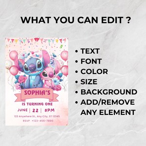 May include: A pink and white birthday invitation featuring a blue and pink cartoon character couple, balloons, and floral accents. The invitation includes the text "Sophia's is turning one" with date, time, and RSVP information. The top text reads "WHAT YOU CAN EDIT?"