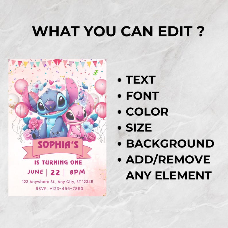 May include: A pink and white birthday invitation featuring a blue and pink cartoon character couple, balloons, and floral accents. The invitation includes the text "Sophia's is turning one" with date, time, and RSVP information. The top text reads "WHAT YOU CAN EDIT?"