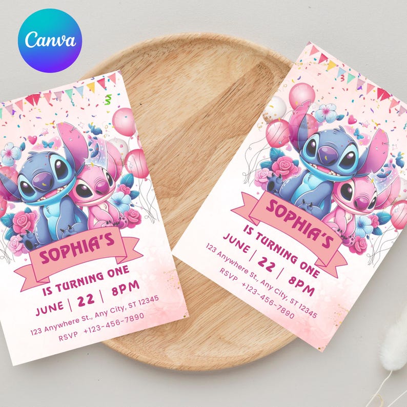 May include: Two pink and white birthday invitations featuring the characters Stitch and Angel. The invitations read "Sophia's is turning one" with the date and time. The background includes balloons, confetti, and floral elements.
