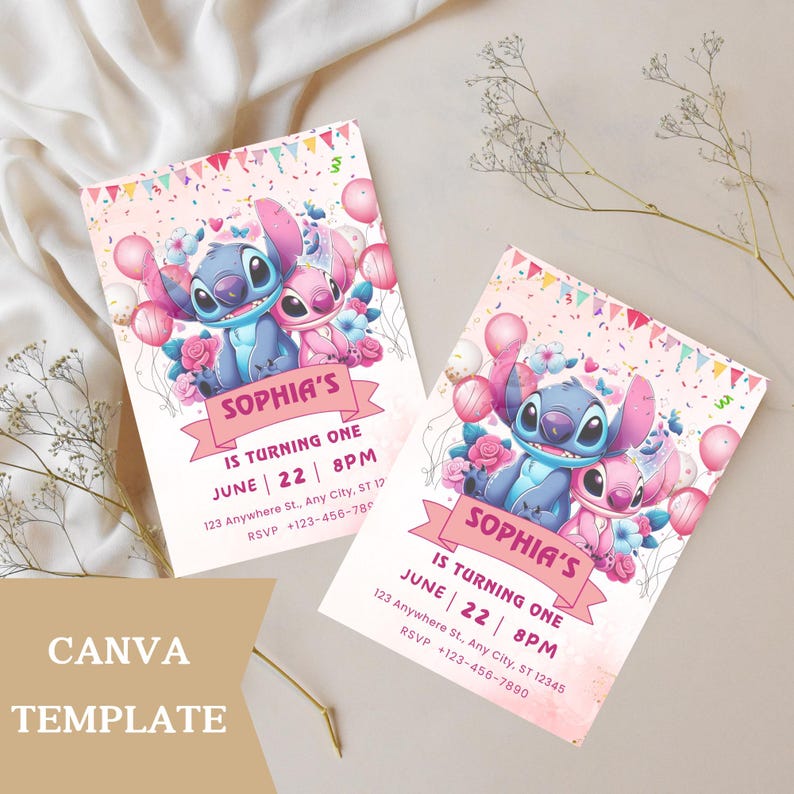 May include: Two pink and white birthday invitations featuring a cartoon blue and pink alien character. The invitations read "Sophia's is turning one" with the date, time, and RSVP information. The Canva template is visible.