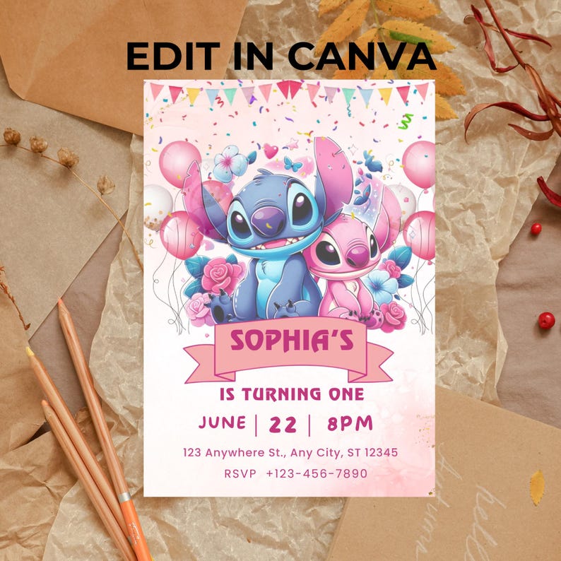 May include: A birthday invitation featuring the characters Stitch and Angel. The invitation is pink and white with balloons, flowers, and confetti. Text includes "Sophia's is turning one" and event details. The top of the invitation reads "EDIT IN CANVA".