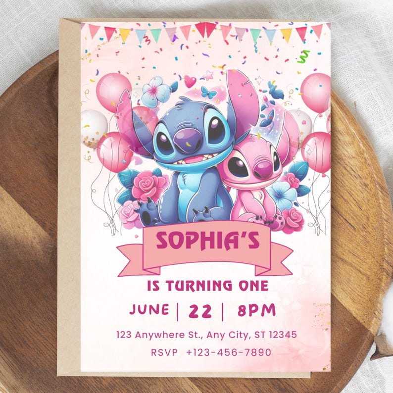 May include: A birthday invitation featuring a blue and pink cartoon character duo. The invitation has a pink background with balloons, flowers, and confetti. Text on the invitation reads "SOPHIA'S IS TURNING ONE" with date and time details.