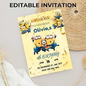 Könnte beinhalten: Eine gelbe Geburtstagseinladung mit Minions-Charakteren. Die Einladung enthält den Text "EDITABLE INVITATION", "TO CELEBRATE Olivia,s 4th BIRTHDAY", Datum, Uhrzeit und RSVP-Informationen. Goldene Konfetti sind verstreut.