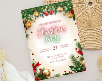 May include: A Christmas party invitation with the text "EDITABLE INVITATION" at the top. The invitation features festive decorations, including ornaments, pine branches, and holly. The invitation includes the date, time, and RSVP information.