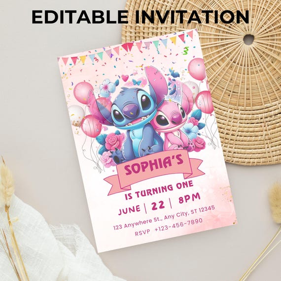 Stitch and Angel Birthday Invitation: Editable & Printable Template – Beautiful Invitation for Your Little One's Birthday, Editable in Canva