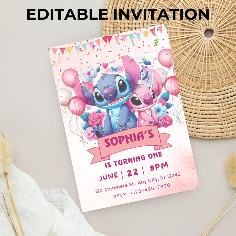 May include: A pink birthday invitation with the text "EDITABLE INVITATION" at the top. The invitation features cartoon characters, balloons, and the text "SOPHIA'S IS TURNING ONE JUNE 22 8PM".