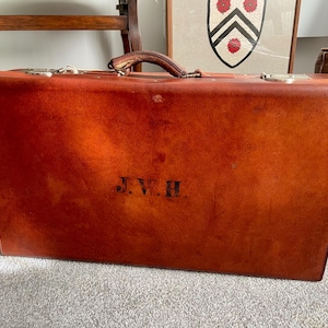 Antique Suitcase Edwardian Leather Luggage Pre 1927 with Key