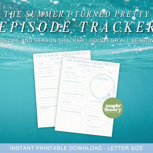 Può includere: Due fogli bianchi di monitoraggio degli episodi con il testo "THE SUMMER I TURNED PRETTY EPISODE TRACKER" su sfondo turchese. I fogli hanno spazi per tenere traccia degli episodi e delle stagioni. Un cerchio verde con la scritta "maple theory" si trova in basso a destra.
