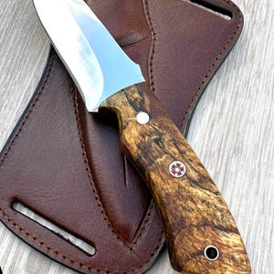 Hunting knife-pocket knife 12 cm blade made of 1075 carbon steel and chestnut wood handle -Handmade camping knife outdoor knife with leather