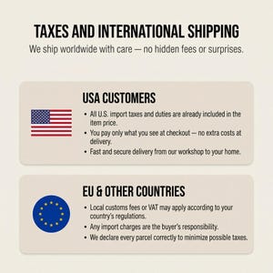 Może przedstawiać: Grafika informacyjna na beżowym tle z czarnym tekstem zatytułowana TAXES AND INTERNATIONAL SHIPPING. Zawiera dwie sekcje: USA CUSTOMERS z ikoną flagi USA oraz EU & OTHER COUNTRIES z ikoną flagi Unii Europejskiej.