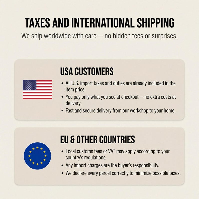 Może przedstawiać: Grafika informacyjna na beżowym tle z czarnym tekstem zatytułowana TAXES AND INTERNATIONAL SHIPPING. Zawiera dwie sekcje: USA CUSTOMERS z ikoną flagi USA oraz EU & OTHER COUNTRIES z ikoną flagi Unii Europejskiej.