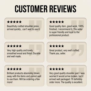 Może przedstawiać: Grafika z nagł&oacute;wkiem CUSTOMER REVIEWS przedstawiająca sześć indywidualnych p&oacute;l z opiniami. Każde pole zawiera pięć czarnych gwiazdek oraz pisemne świadectwo chwalące jakość, kunszt wykonania i wykończenie r&oacute;żnych produkt&oacute;w z drewna.