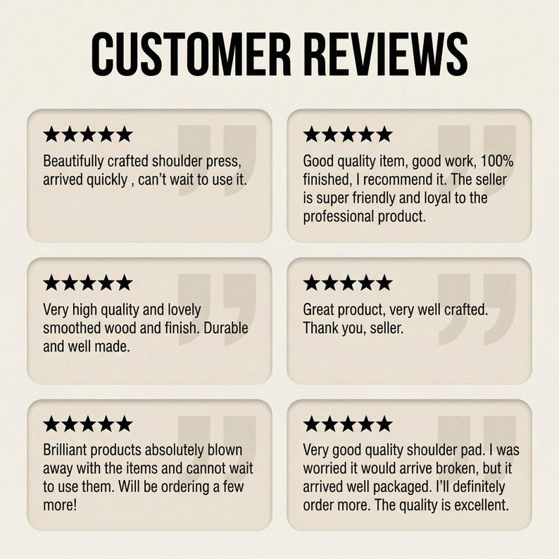 Może przedstawiać: Grafika z nagł&oacute;wkiem CUSTOMER REVIEWS przedstawiająca sześć indywidualnych p&oacute;l z opiniami. Każde pole zawiera pięć czarnych gwiazdek oraz pisemne świadectwo chwalące jakość, kunszt wykonania i wykończenie r&oacute;żnych produkt&oacute;w z drewna.