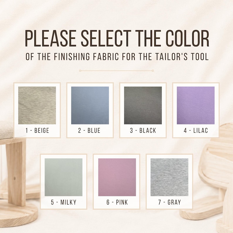 Może przedstawiać: Karta wyboru koloru tkaniny wykończeniowej do narzędzia krawieckiego z siedmioma ponumerowanymi pr&oacute;bkami: 1-Beige, 2-Blue, 3-Black, 4-Lilac, 5-Milky, 6-Pink i 7-Gray. Tekst brzmi: PLEASE SELECT THE COLOR OF THE FINISHING FABRIC FOR THE TAILOR'S TOOL.