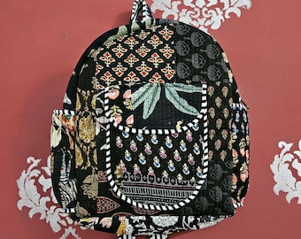 Indian Cotton Quilted Patchwork Backpack, Handmade Black bag, School Bag