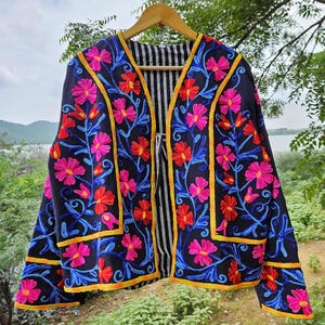 Handmade Suzani Embroidery Jacket: Indian Boho Quilted Cotton Coat