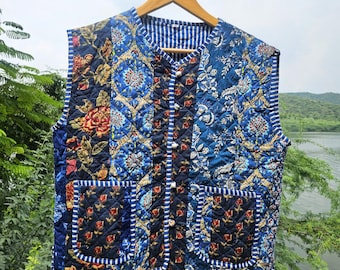 Handmade Quilted Cotton Vest: Floral Patchwork Sleeveless Jacket
