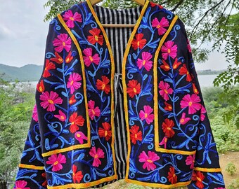 Handmade Suzani Embroidery Jacket: Indian Boho Quilted Cotton Coat