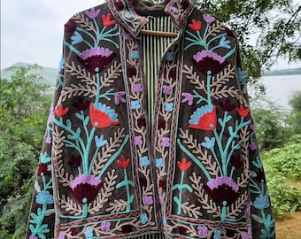 Handmade Suzani Velvet Embroidery Jacket: Reversible Indian Boho Coat