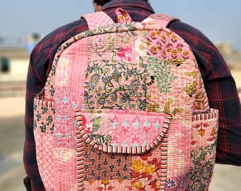 Pink Quilted Cotton Backpack, Floral Patchwork, Boho School Bag