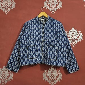 Indian Block Indigo Print Cotton Quilted Jacket Bohemian Women Wear Coat, Festival jacket gift for her, Party wear handmade vintage jacket