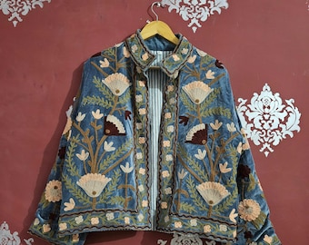 Chaqueta bohemia de terciopelo Suzani gris hecha a mano con bordados - Abrigo floral para festivales