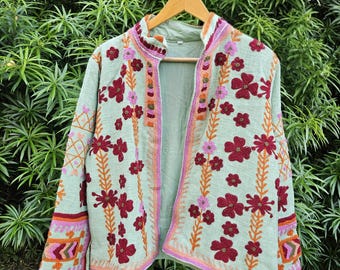Handmade Suzani Embroidery Jacket, Indian Boho Quilted Coat,  Vintage Style Ethnic Festival Wear Jacket