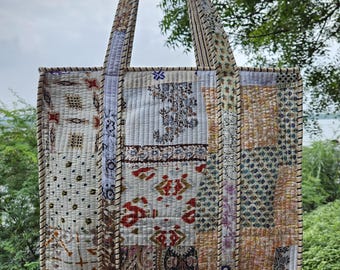 Handmade Silk Kantha Patchwork Tote Bag: Upcycled Boho Shoulder Bag