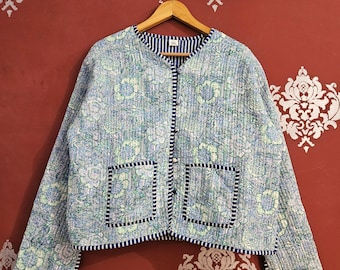 Handgemaakt gewatteerd katoenen jack met blokprint: boho patchworkjas