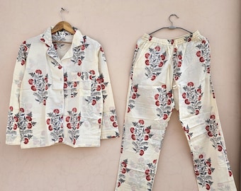Conjunto de pijama de algodão com estampa em bloco, roupa de dormir feminina estilo boho, conjunto de noite de verão